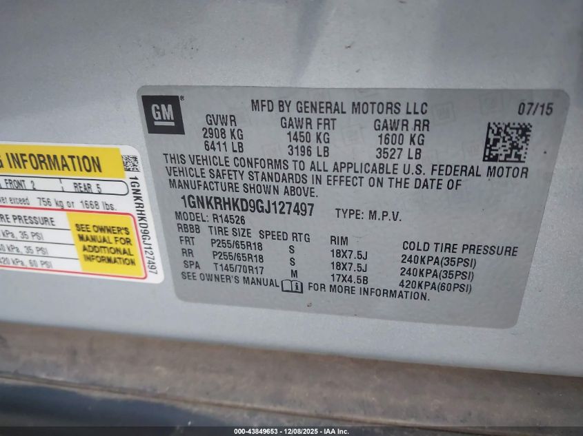 2016 Chevrolet Traverse 2Lt VIN: 1GNKRHKD9GJ127497 Lot: 43849653