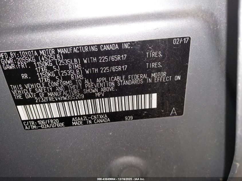 2017 Toyota Rav4 Le VIN: 2T3ZFREV4HW355209 Lot: 43849664