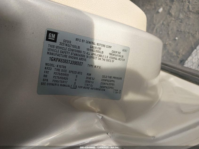 2007 GMC Yukon Denali VIN: 1GKFK63837J396507 Lot: 43849666