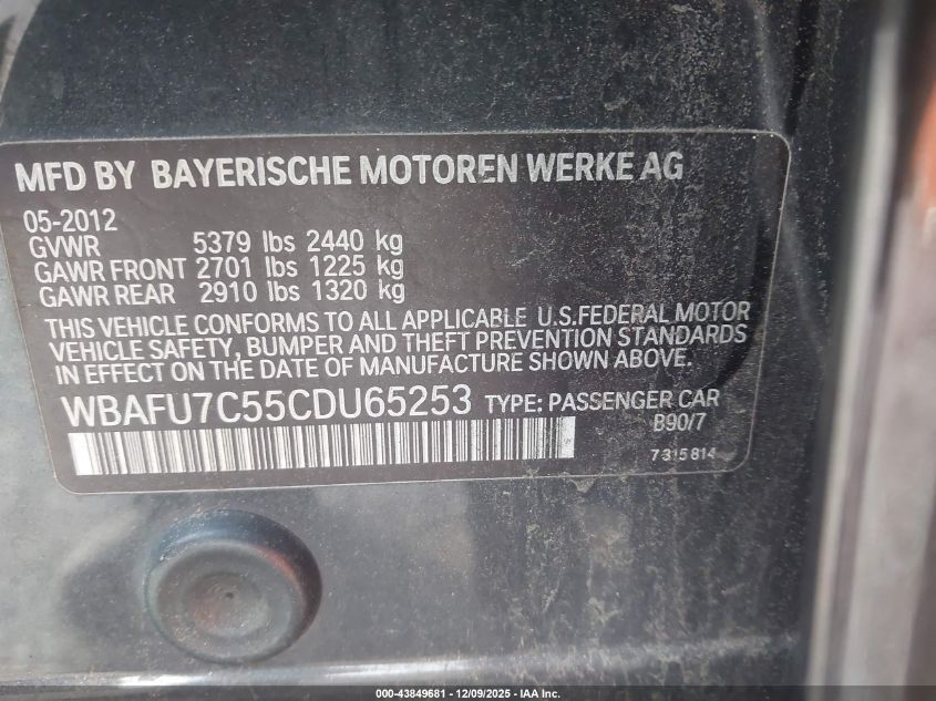 2012 BMW 535I xDrive VIN: WBAFU7C55CDU65253 Lot: 43849681
