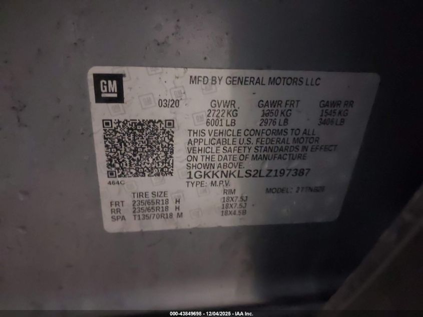 2020 GMC Acadia Fwd Sle VIN: 1GKKNKLS2LZ197387 Lot: 43849698