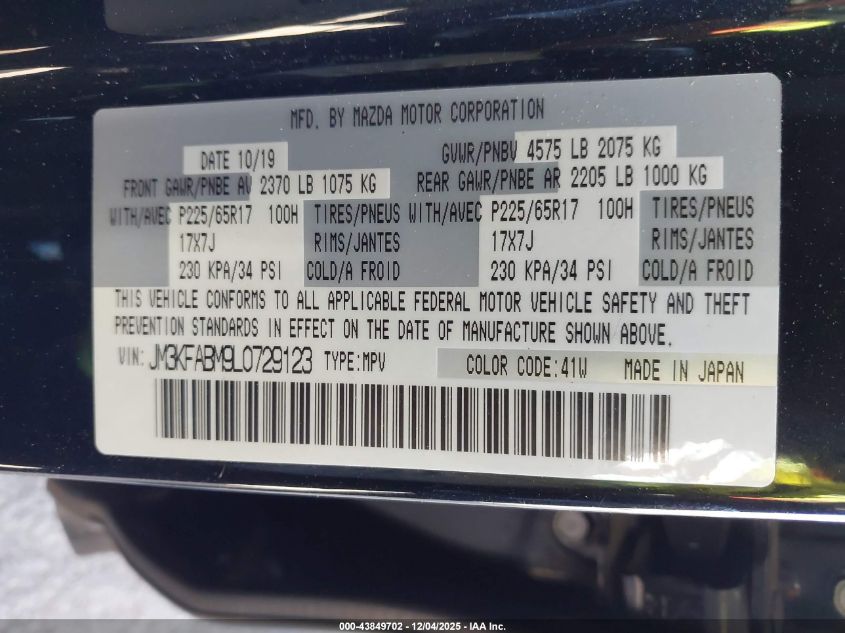 2020 Mazda Cx-5 Sport VIN: JM3KFABM9L0729123 Lot: 43849702