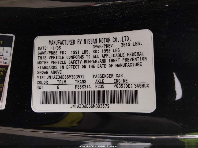 2006 Nissan 350Z VIN: JN1AZ34D66M303572 Lot: 43849712
