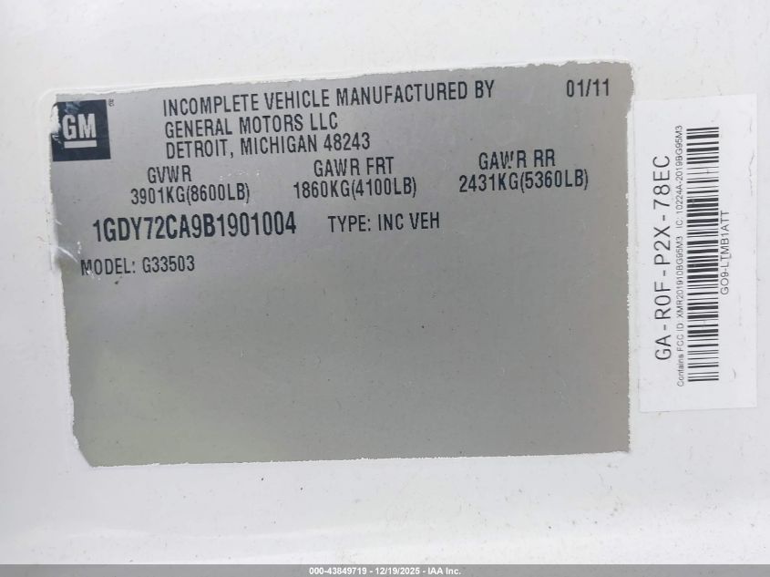 2011 GMC Savana Cutaway Work Van VIN: 1GDY72CA9B1901004 Lot: 43849719