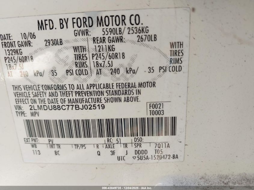 2007 Lincoln Mkx VIN: 2LMDU88C77BJ02519 Lot: 43849735