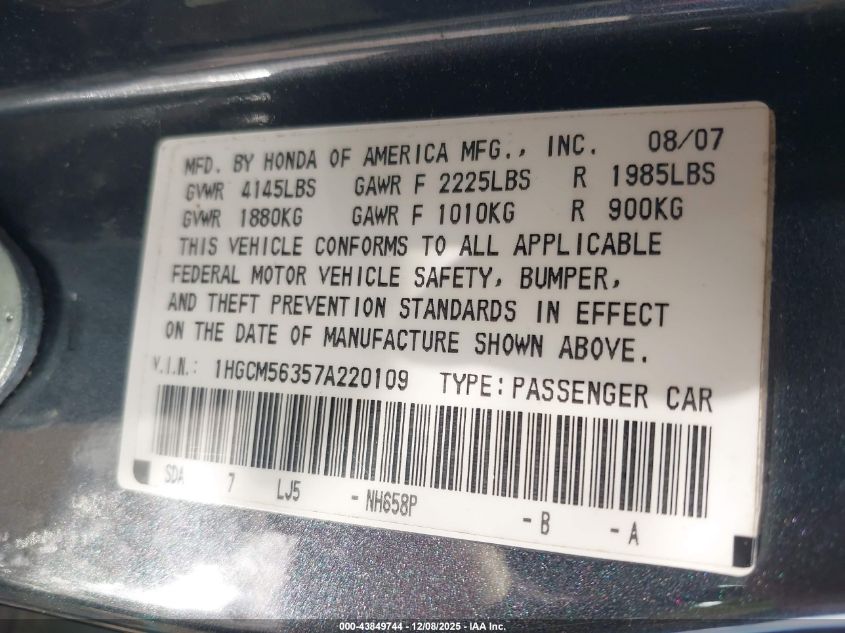 2007 Honda Accord 2.4 Se VIN: 1HGCM56357A220109 Lot: 43849744