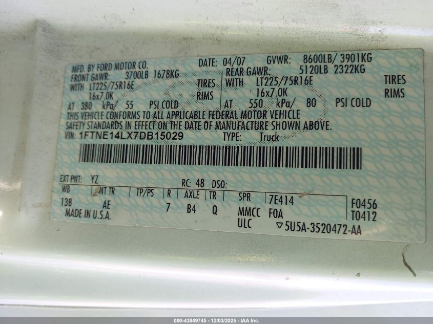 2007 Ford E-150 Commercial/Recreational VIN: 1FTNE14LX7DB15029 Lot: 43849745