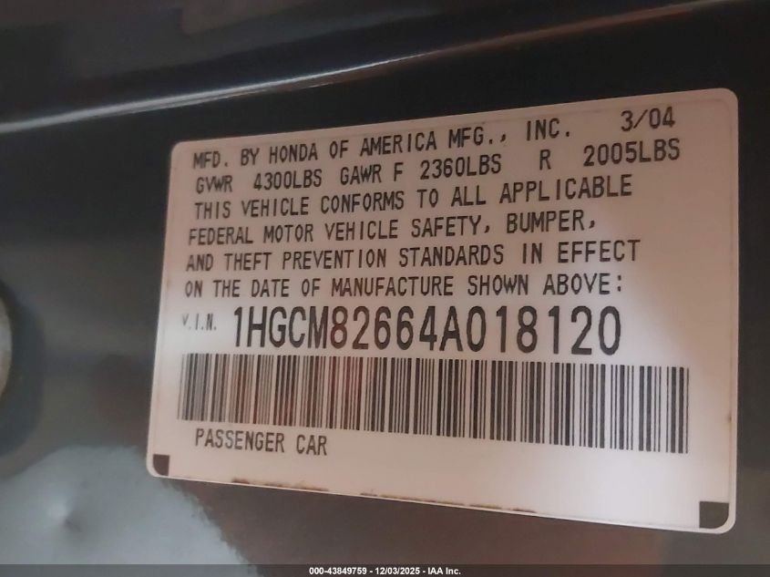 2004 Honda Accord 3.0 Ex VIN: 1HGCM82664A018120 Lot: 43849759