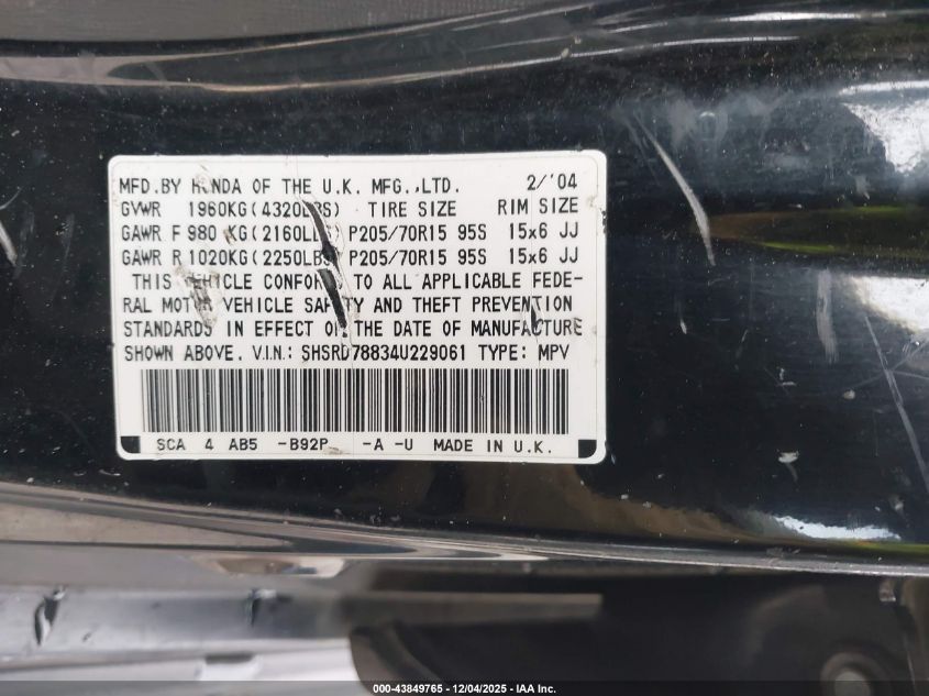 2004 Honda Cr-V Ex VIN: SHSRD78834U229061 Lot: 43849765