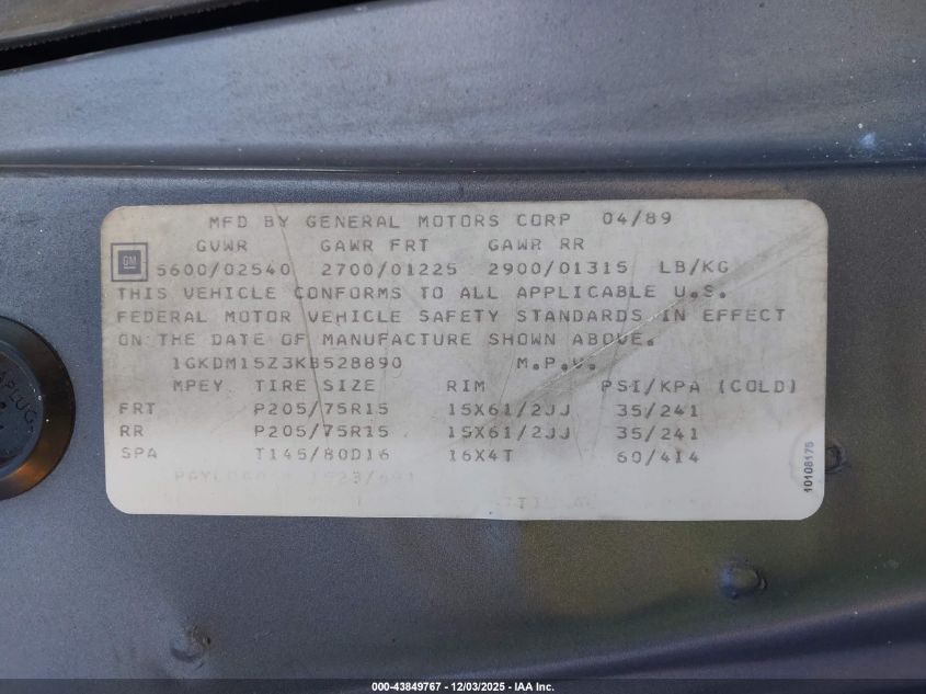 1GKDM15Z3KB528890 1989 GMC SAFARI photo no. 9