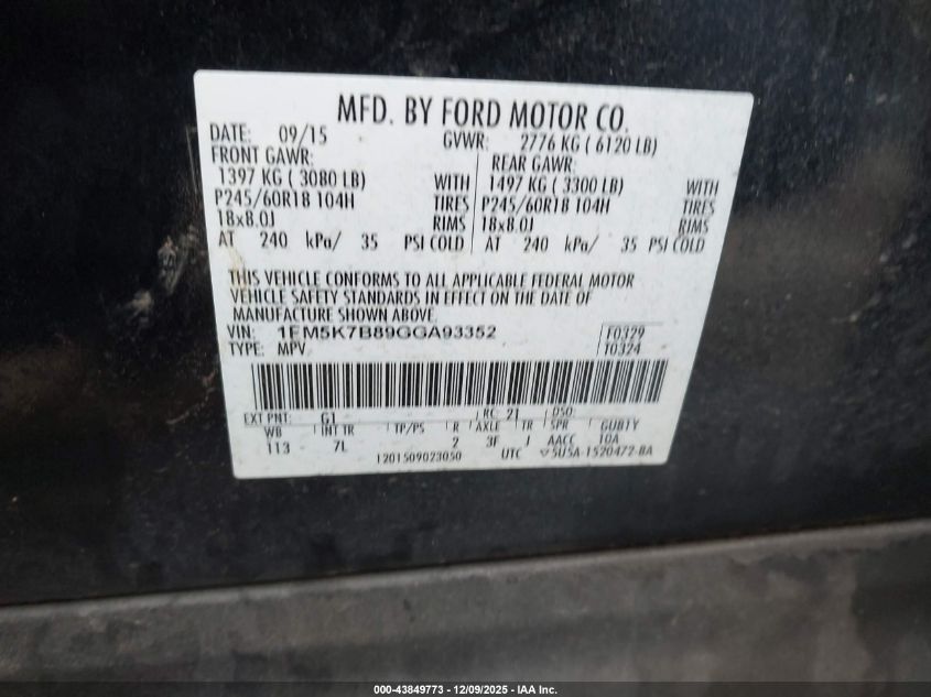 2016 Ford Explorer VIN: 1FM5K7B89GGA93352 Lot: 43849773