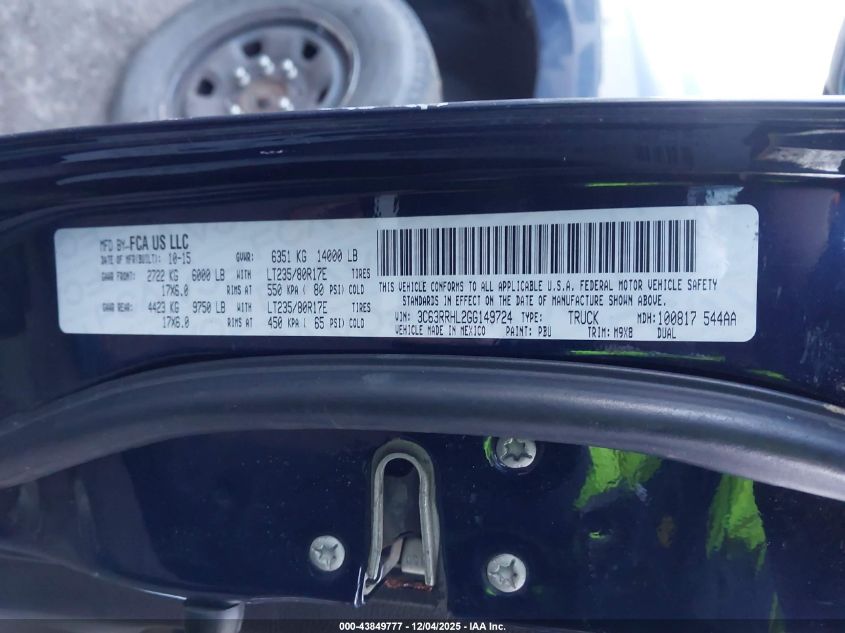 2016 Ram 3500 Slt VIN: 3C63RRHL2GG149724 Lot: 43849777