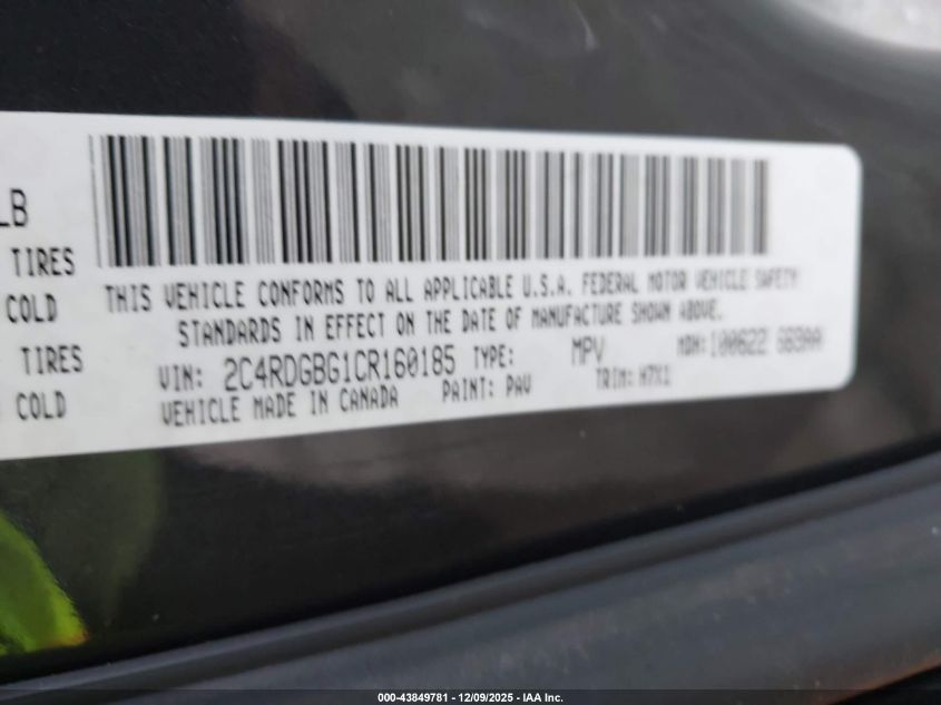 2012 Dodge Grand Caravan Se/Avp VIN: 2C4RDGBG1CR160185 Lot: 43849781