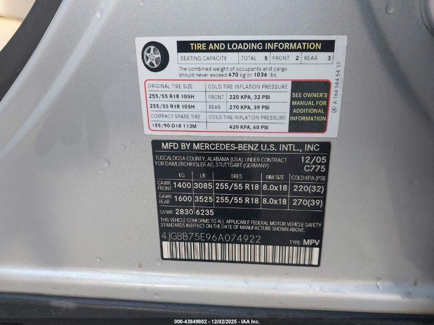 2006 Mercedes-Benz Ml 500 4Matic VIN: 4JGBB75E96A074922 Lot: 43849802