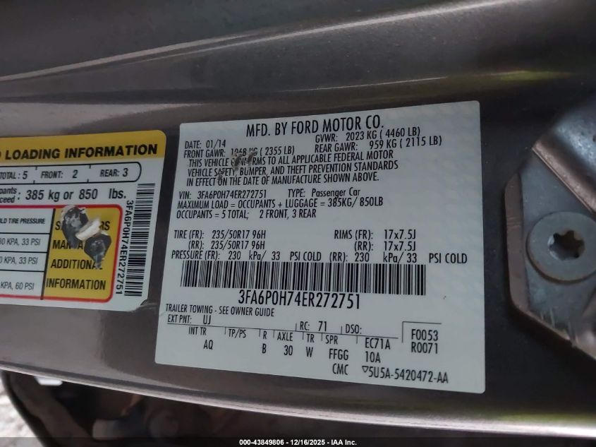 2014 Ford Fusion Se VIN: 3FA6P0H74ER272751 Lot: 43849806