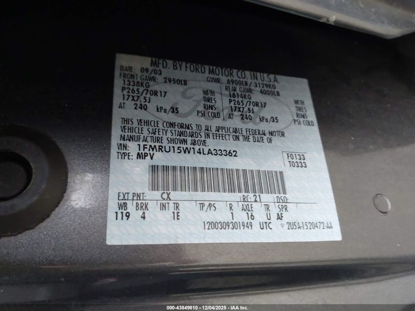 2004 Ford Expedition Xlt VIN: 1FMRU15W14LA33362 Lot: 43849810