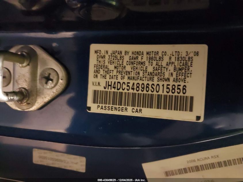 2006 Acura Rsx VIN: JH4DC54896S015856 Lot: 43849829