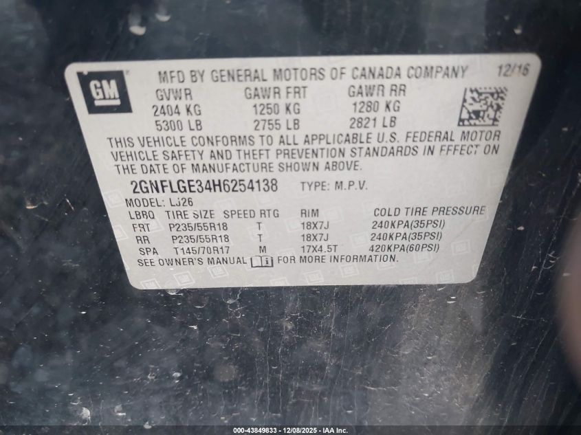 2017 Chevrolet Equinox Premier VIN: 2GNFLGE34H6254138 Lot: 43849833