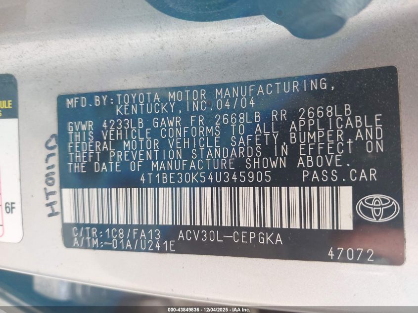 2004 Toyota Camry Xle VIN: 4T1BE30K54U345905 Lot: 43849836