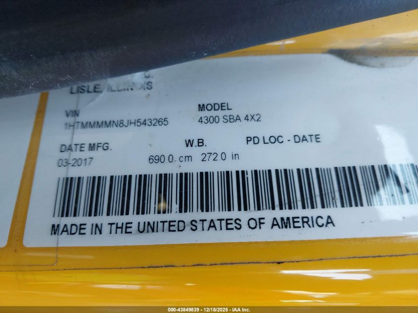 2018 International Durastar 4300 VIN: 1HTMMMMN8JH543265 Lot: 43849839