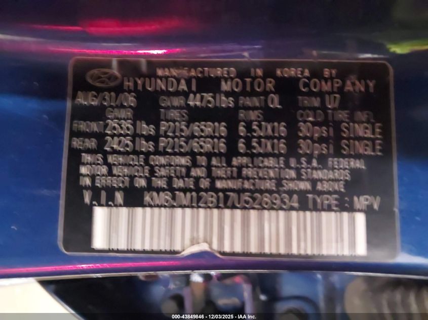 2007 Hyundai Tucson Gls VIN: KM8JM12B17U528934 Lot: 43849846