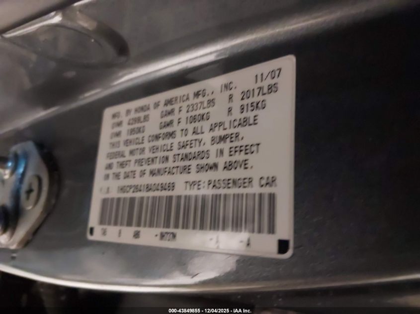 2008 Honda Accord 2.4 Lx-P VIN: 1HGCP26418A049469 Lot: 43849855