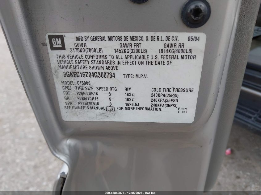 2004 GMC Yukon Xl 1500 Slt VIN: 3GKEC16Z04G300734 Lot: 43849876