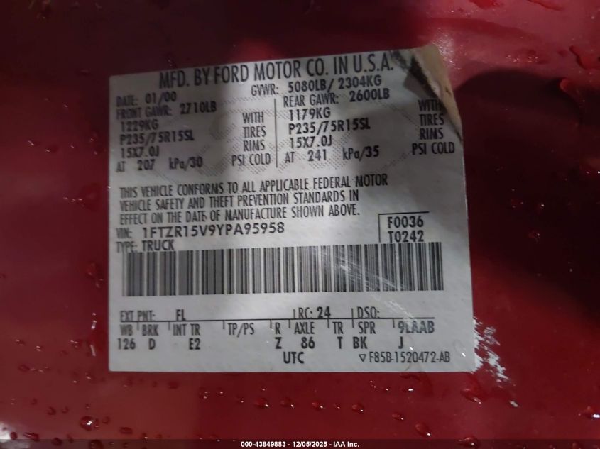 2000 Ford Ranger Xl/Xlt VIN: 1FTZR15V9YPA95958 Lot: 43849883