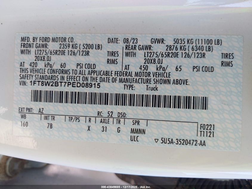 2023 Ford F-250 Platinum VIN: 1FT8W2BT7PED08915 Lot: 43849885