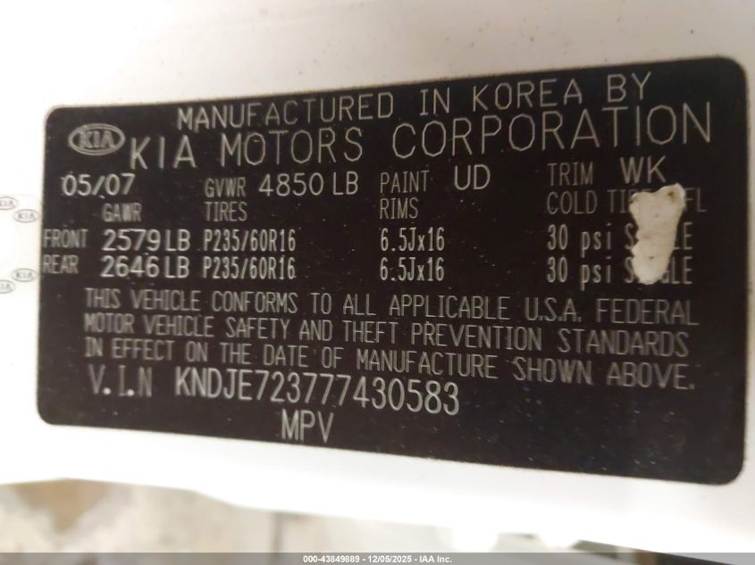 2007 Kia Sportage Lx V6 VIN: KNDJE723777430583 Lot: 43849889