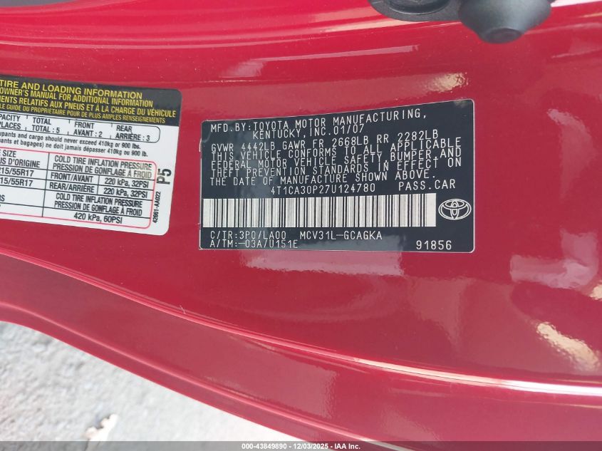 2007 Toyota Camry Solara Sle V6 VIN: 4T1CA30P27U124780 Lot: 43849890