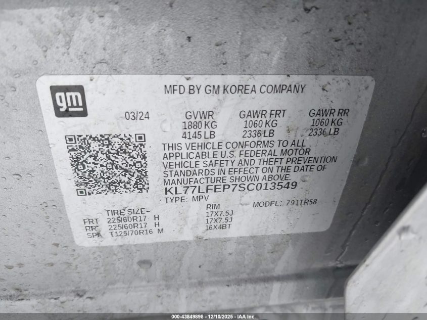 2025 Chevrolet Trax Fwd Ls VIN: KL77LFEP7SC013549 Lot: 43849898