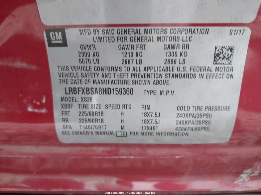 2017 Buick Envision Essence VIN: LRBFXBSA8HD159360 Lot: 43849908