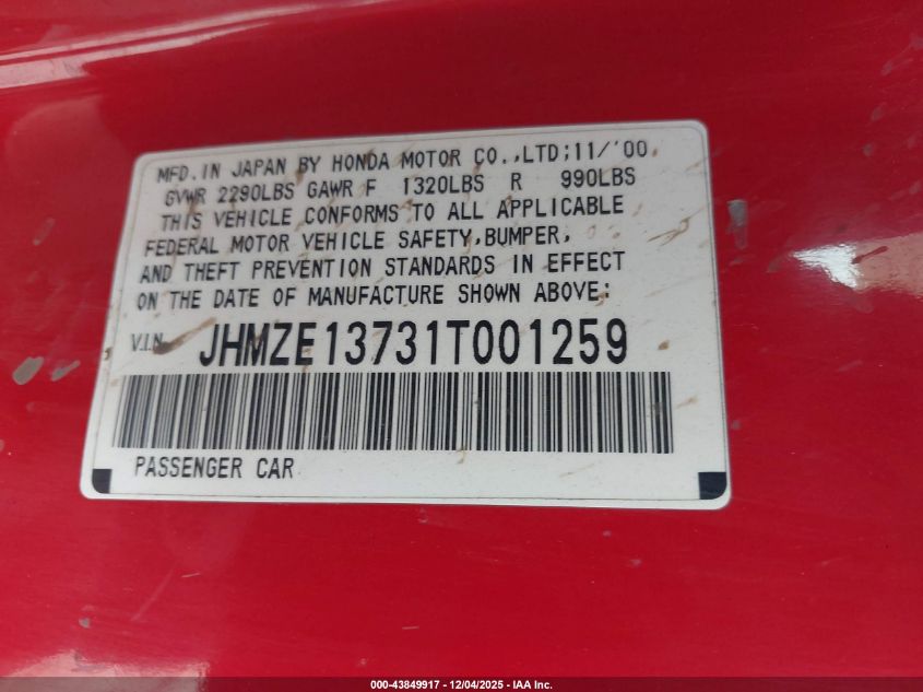 2001 Honda Insight VIN: JHMZE13731T001259 Lot: 43849917