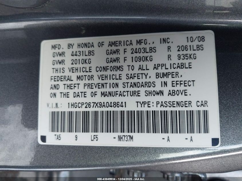 2009 Honda Accord 2.4 Ex VIN: 1HGCP267X9A048641 Lot: 43849934