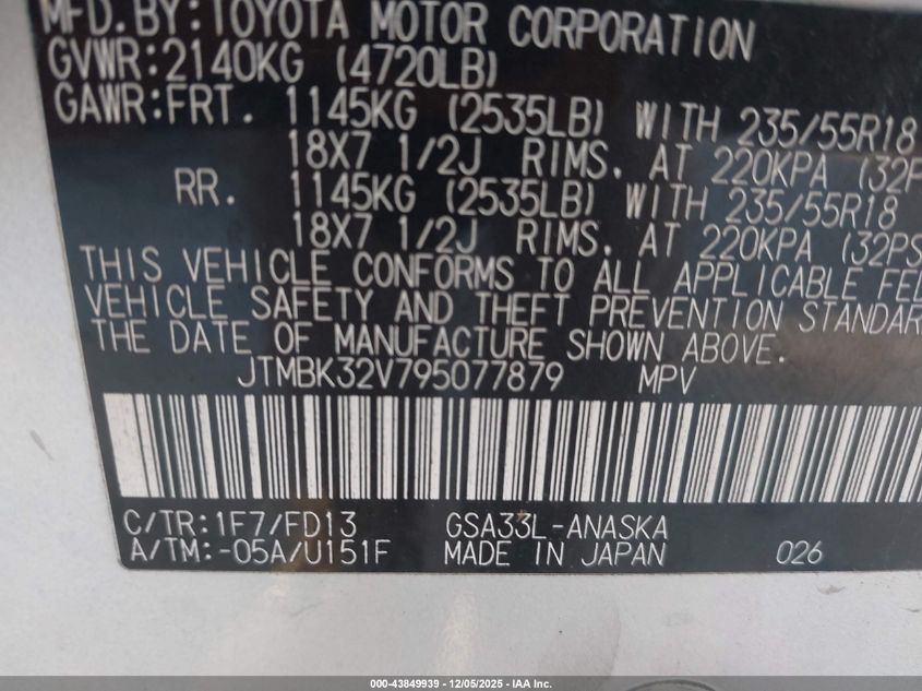 2009 Toyota Rav4 Sport V6 VIN: JTMBK32V795077879 Lot: 43849939