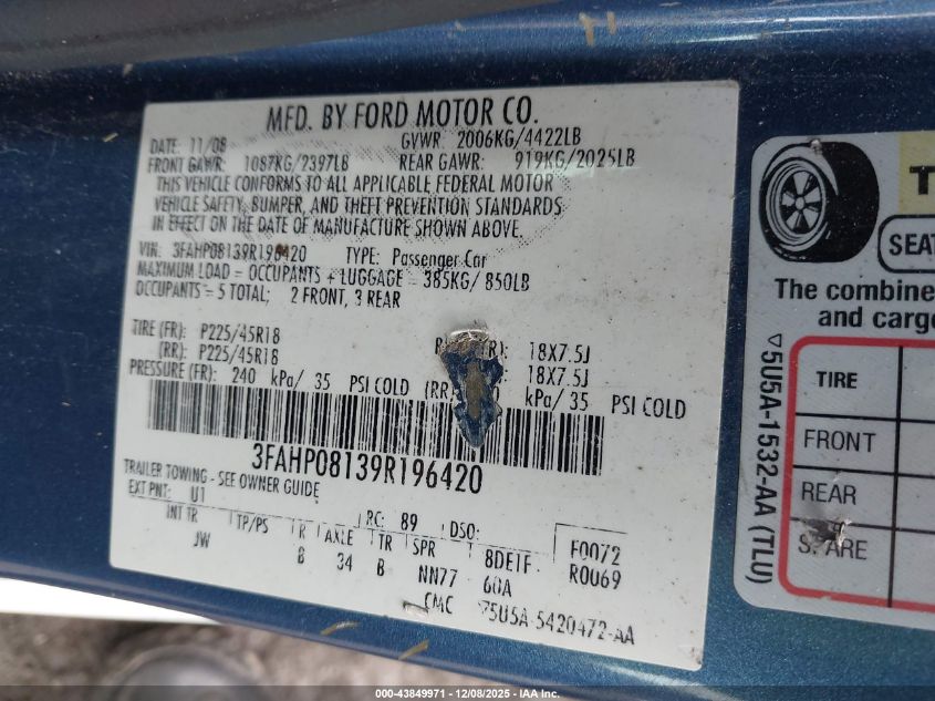 2009 Ford Fusion Sel VIN: 3FAHP08139R196420 Lot: 43849971