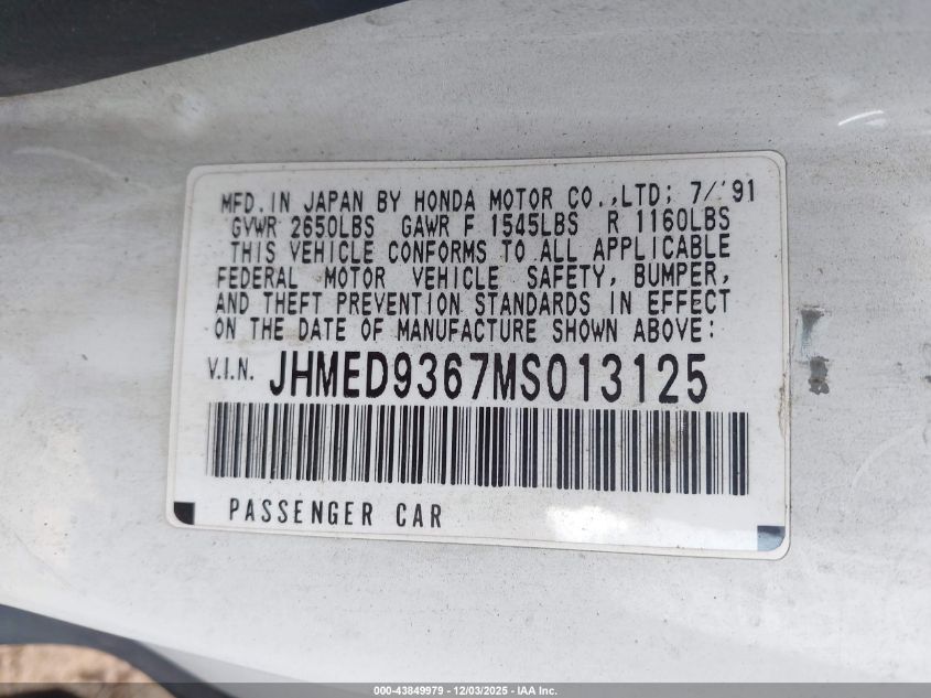 JHMED9367MS013125 1991 HONDA CIVIC photo no. 9