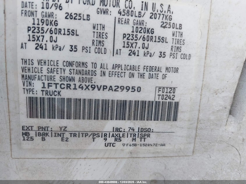 1FTCR14X9VPA29950 1997 FORD RANGER photo no. 9