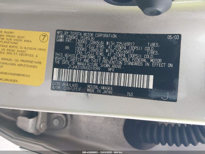 2004 Lexus Rx 330 VIN: JTJHA31U940019099 Lot: 43850003