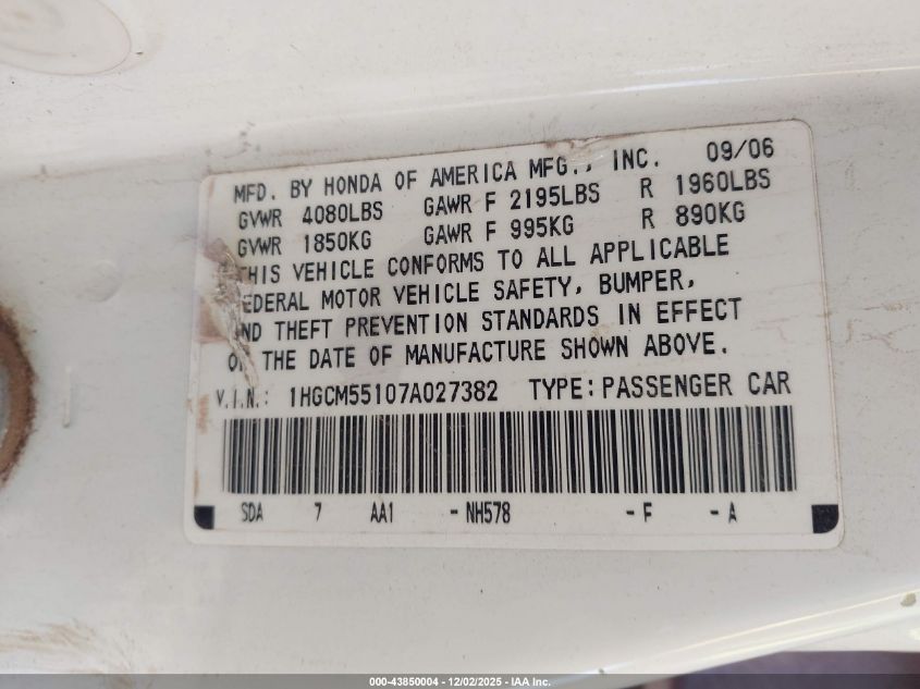 2007 Honda Accord 2.4 Vp VIN: 1HGCM55107A027382 Lot: 43850004