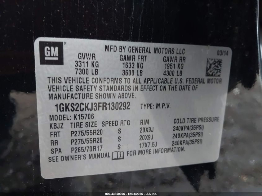 2015 GMC Yukon Denali VIN: 1GKS2CKJ3FR130292 Lot: 43850006