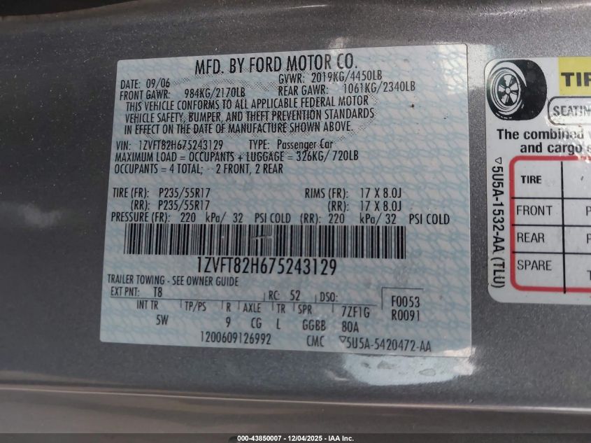 2007 Ford Mustang Gt Deluxe/Gt Premium VIN: 1ZVFT82H675243129 Lot: 43850007