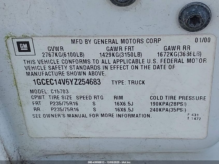 2000 Chevrolet Silverado 1500 VIN: 1GCEC14V6YZ254683 Lot: 43850013