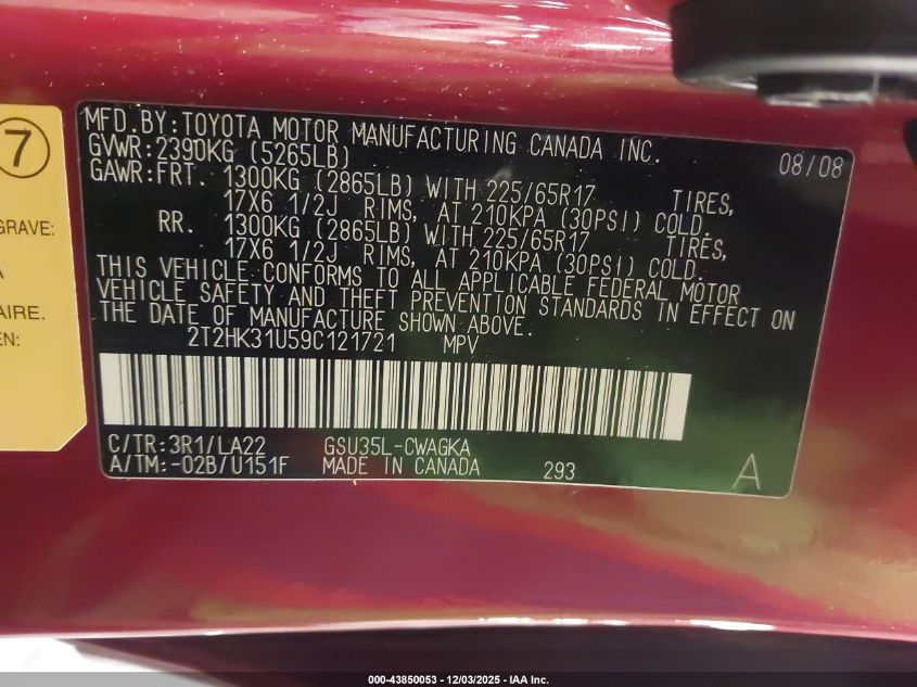 2009 Lexus Rx 350 VIN: 2T2HK31U59C121721 Lot: 43850053