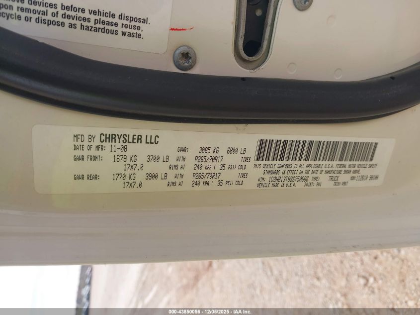 2009 Dodge Ram 1500 Slt/Sport/Trx VIN: 1D3HB13T89S750666 Lot: 43850056