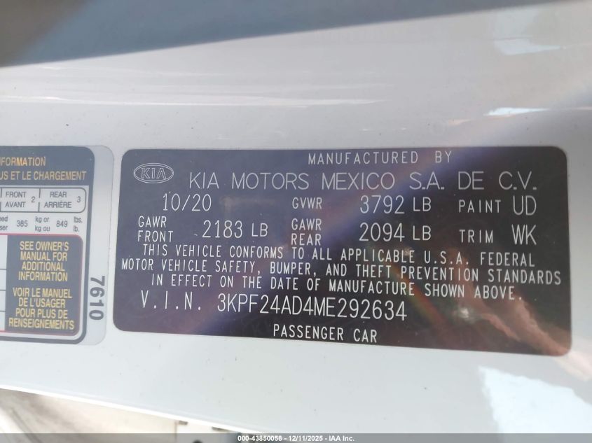2021 Kia Forte Lxs VIN: 3KPF24AD4ME292634 Lot: 43850058