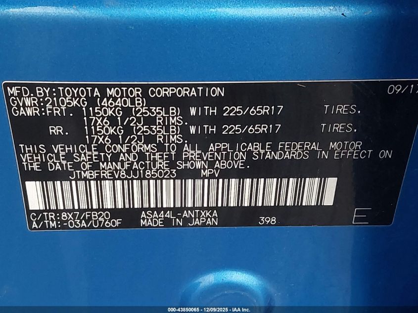 2018 Toyota Rav4 Le VIN: JTMBFREV8JJ185023 Lot: 43850065