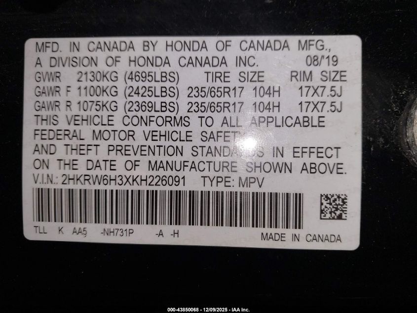 2019 Honda Cr-V Lx VIN: 2HKRW6H3XKH226091 Lot: 43850068
