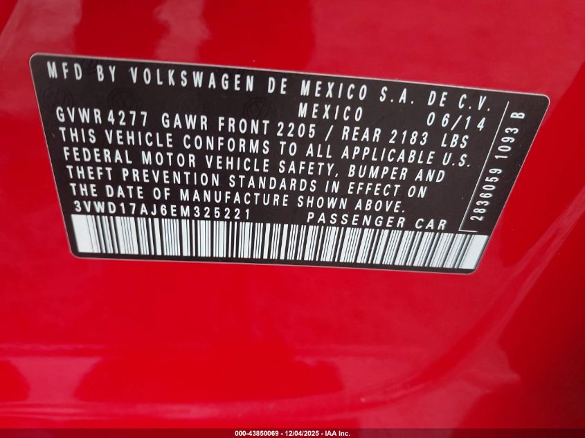 2014 Volkswagen Jetta 1.8T Se VIN: 3VWD17AJ6EM325221 Lot: 43850069